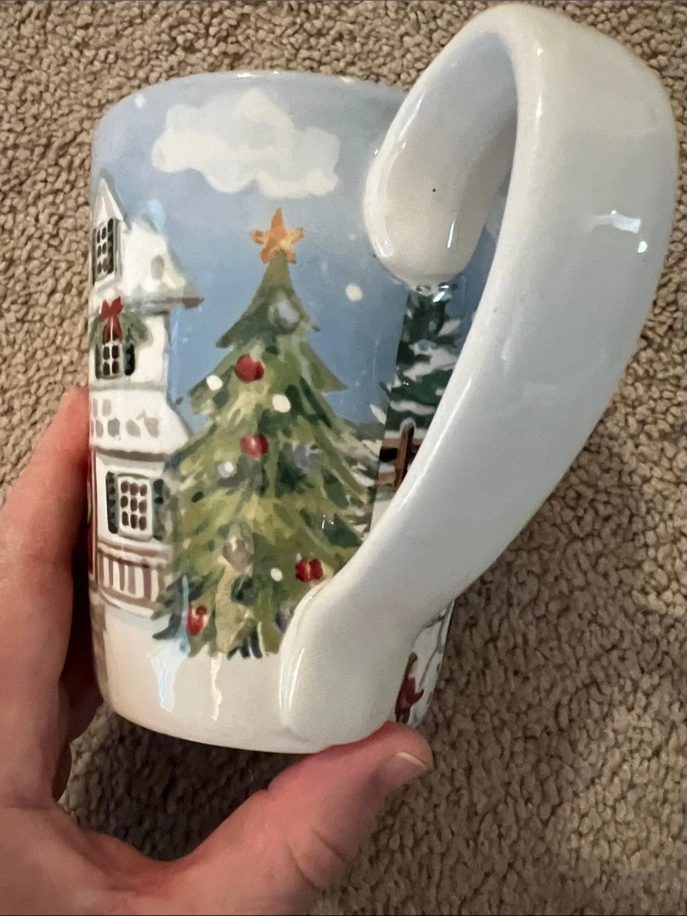 Pier 1 Red Barn Holiday Mug with Snowy Scene sleigh snowman